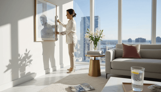 Woman hanging framed art in luxury living room