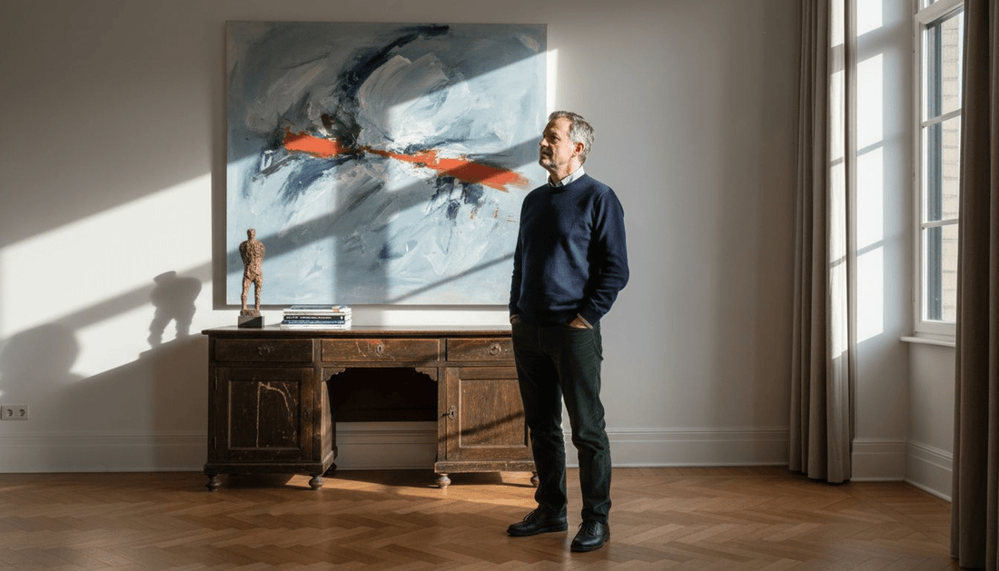 Collector admiring contemporary art in home