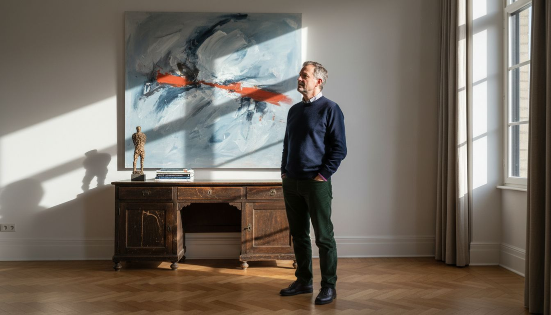 Collector admiring contemporary art in home