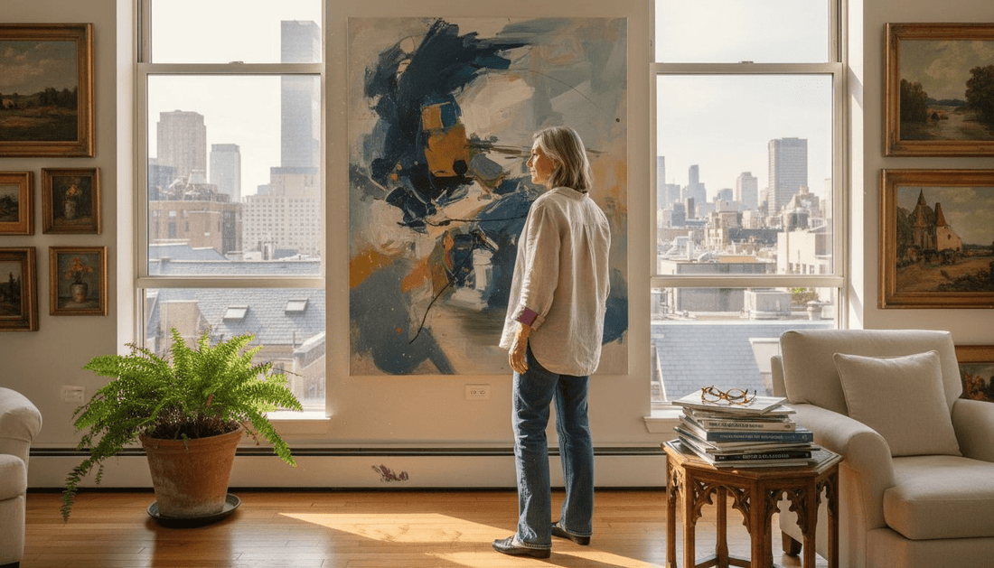 Art collector examining paintings in bright home gallery