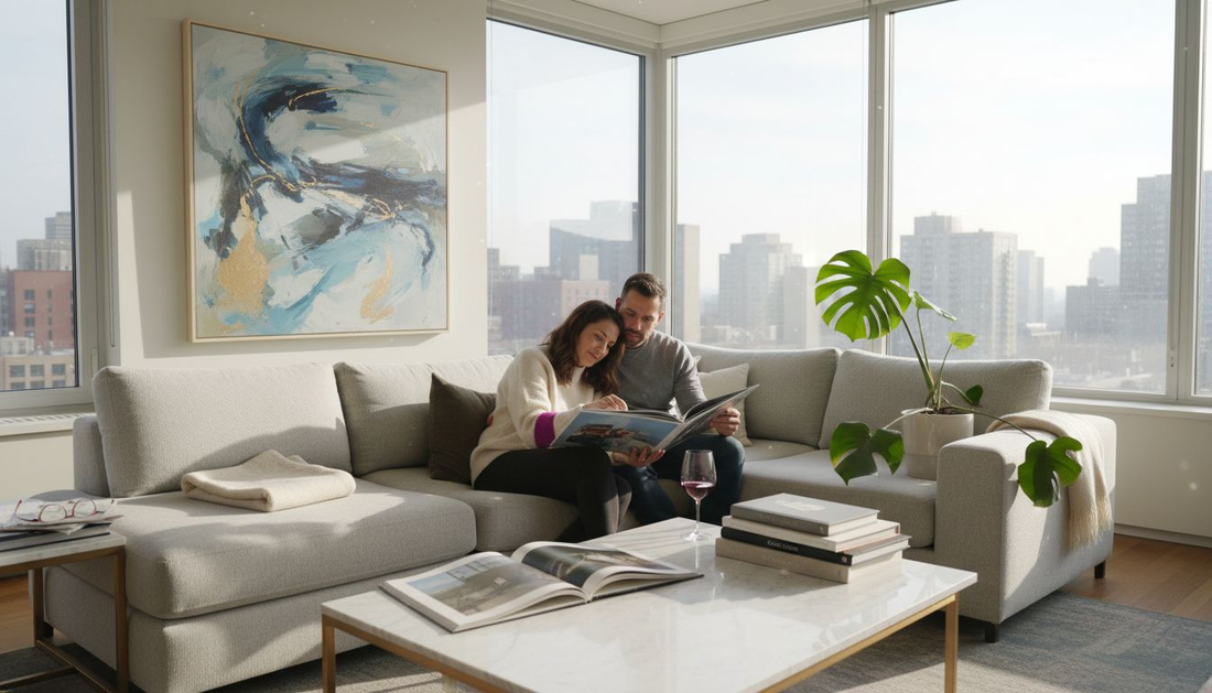 Couple relaxing in art-filled luxury apartment