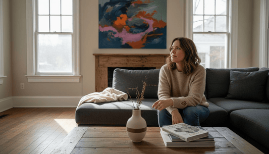 Woman admiring statement art above sofa