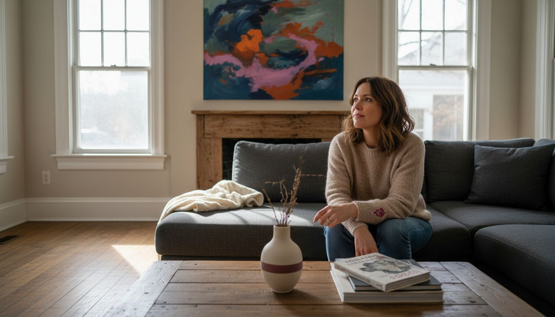 Woman admiring statement art above sofa