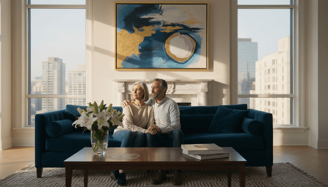 Couple admiring art in luxury penthouse