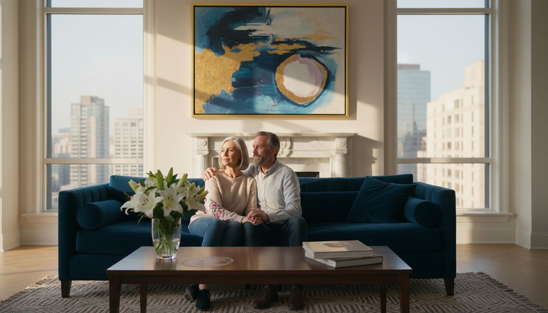 Couple admiring art in luxury penthouse