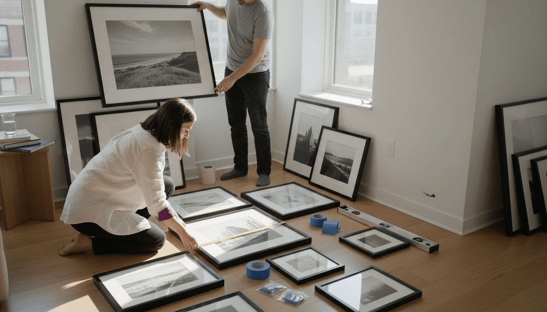 Couple measuring and arranging art for modern gallery wall