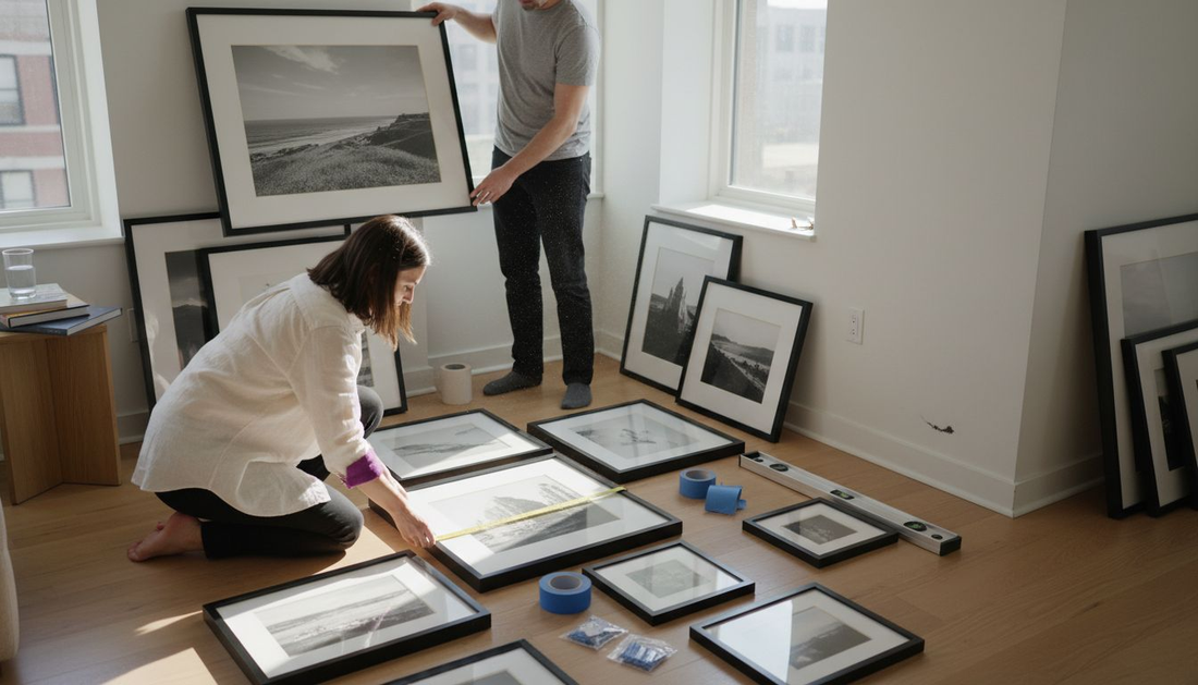 Couple measuring and arranging art for modern gallery wall