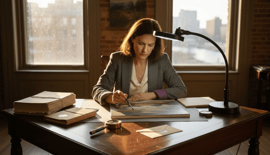 Art expert verifying painting authenticity
