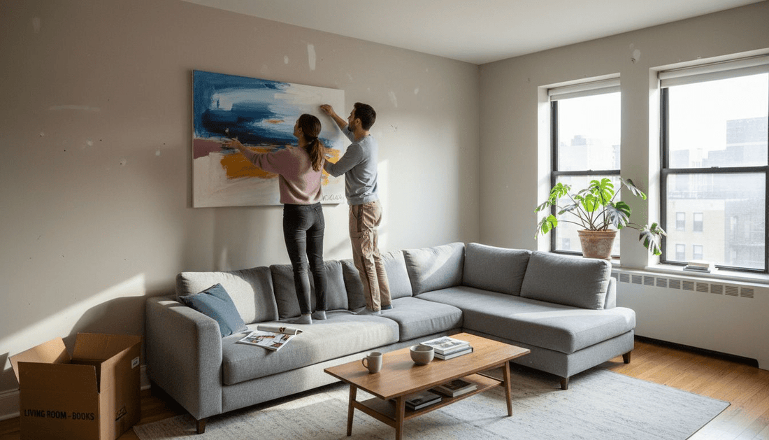 Couple placing artwork in city living room