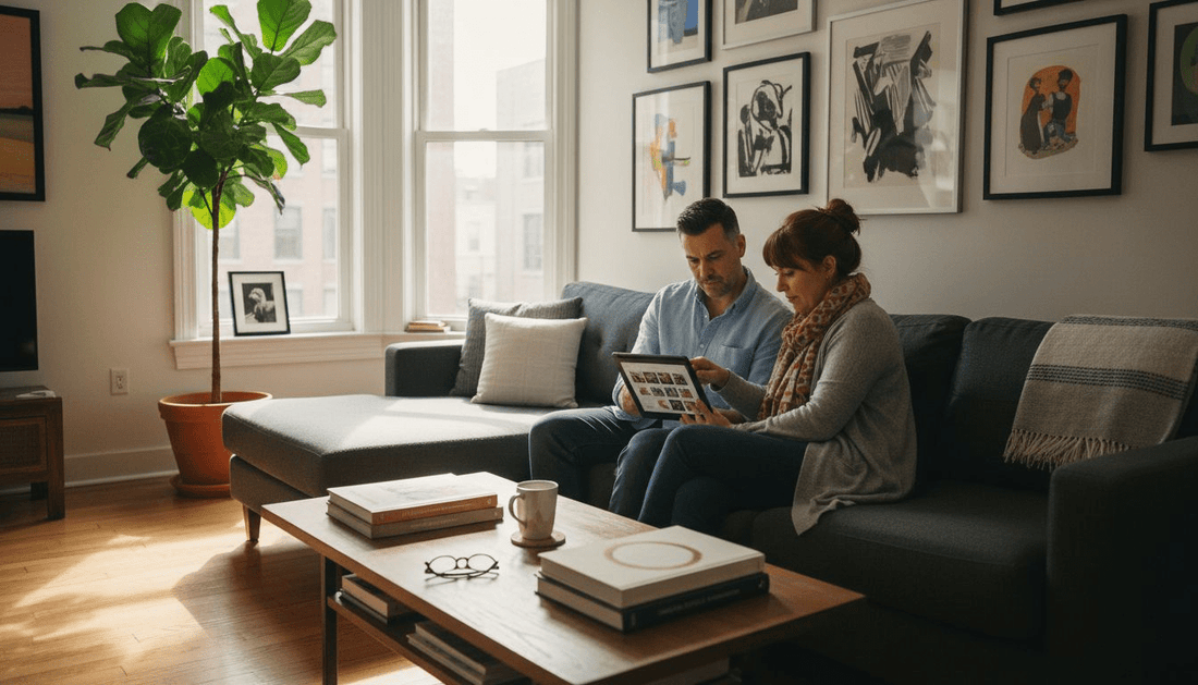 Couple browsing art online in home setting