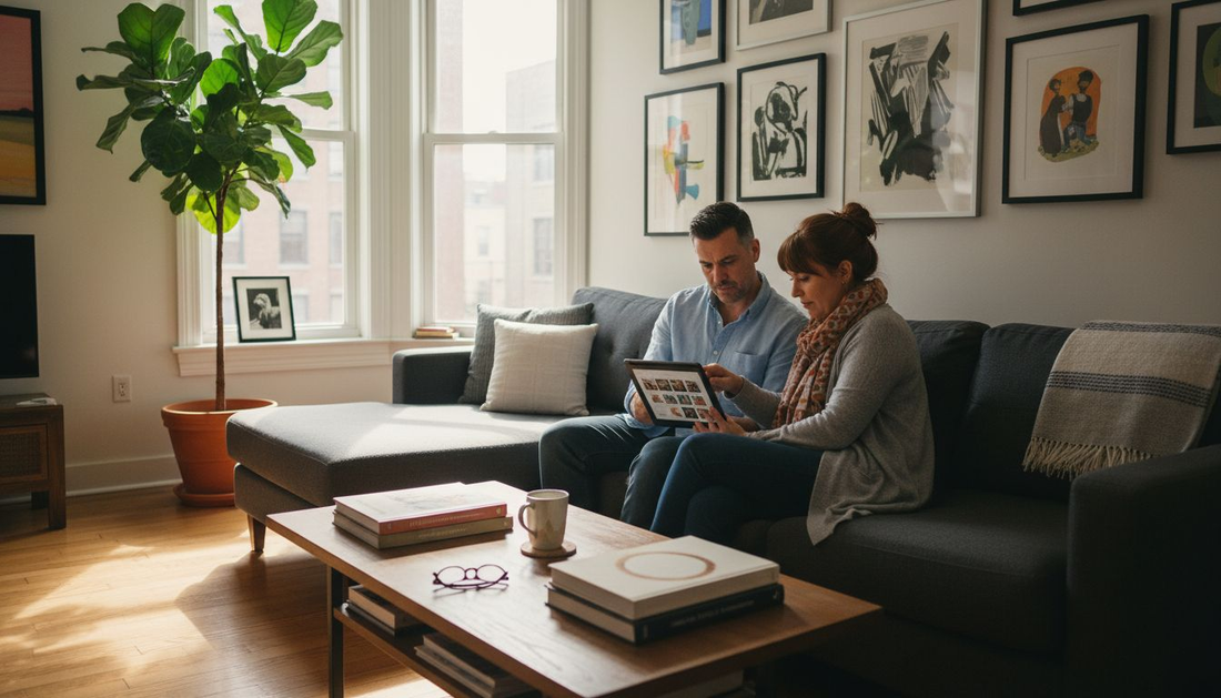 Couple browsing art online in home setting