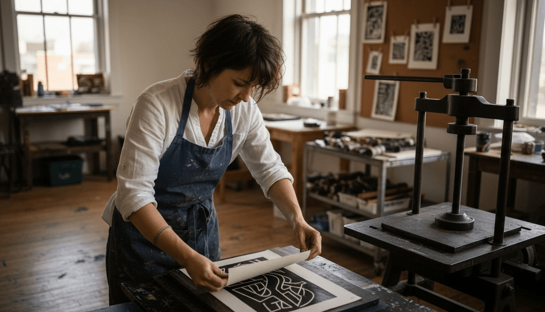 Artist prints linocut in lively studio