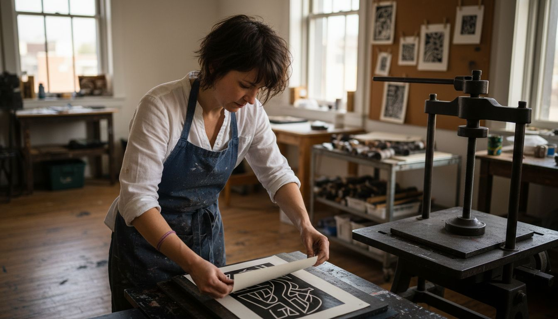 Artist prints linocut in lively studio