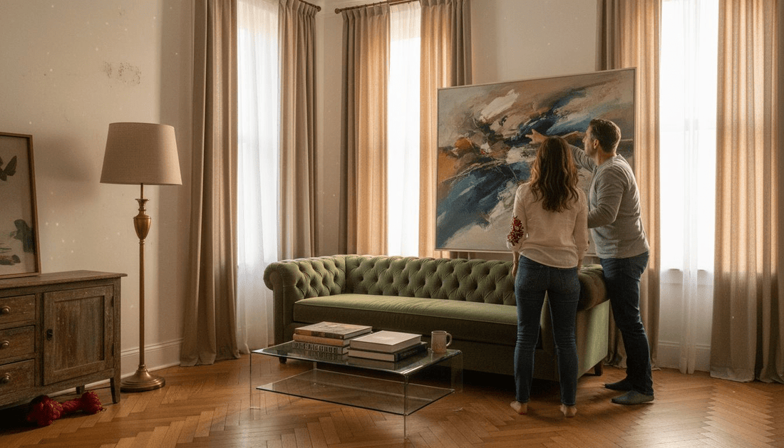 Couple arranging large art above sofa in stylish living room