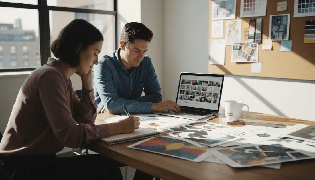Employees reviewing art prints in office