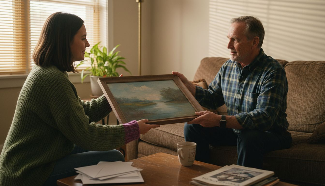 Woman gifting art to father in living room