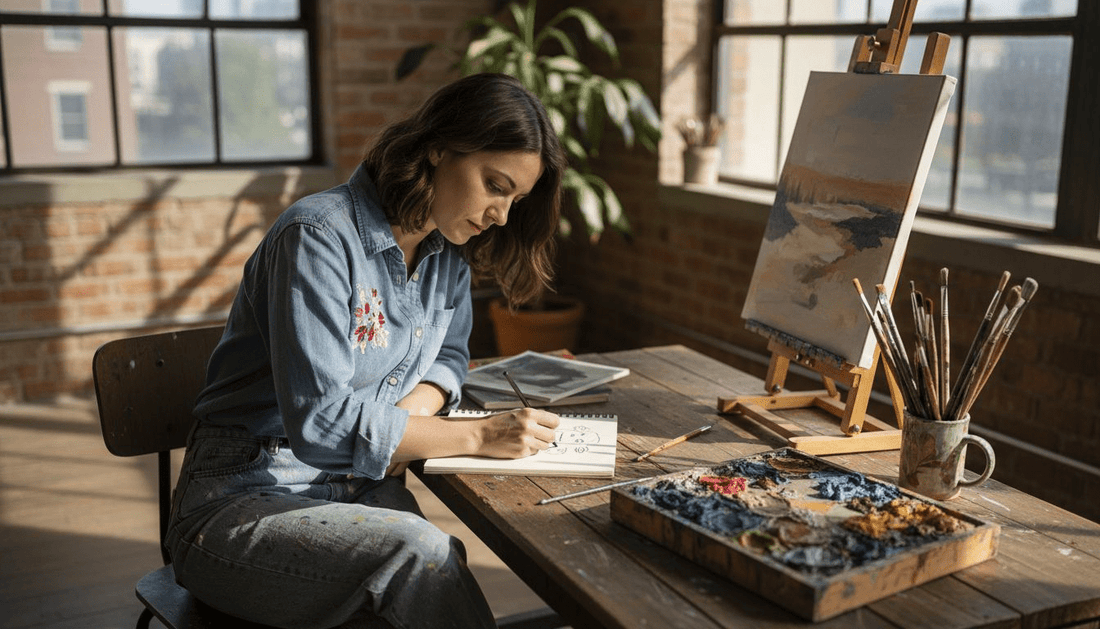 Artist sketching in sunlit creative studio