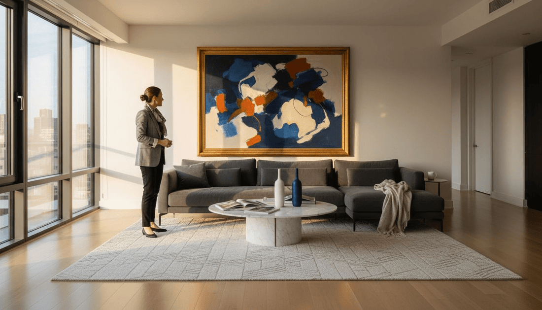 Designer inspects framed art in luxury living room