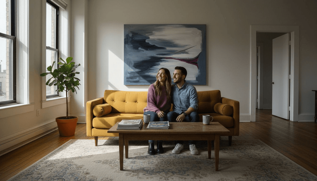 Couple admiring art in living room
