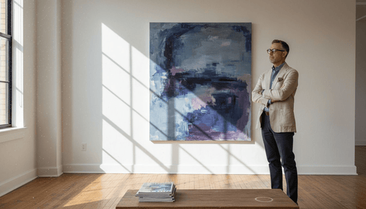 Art collector examining abstract painting in urban gallery