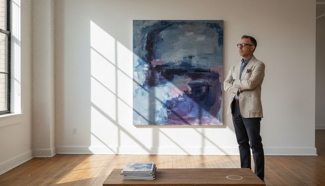 Art collector examining abstract painting in urban gallery