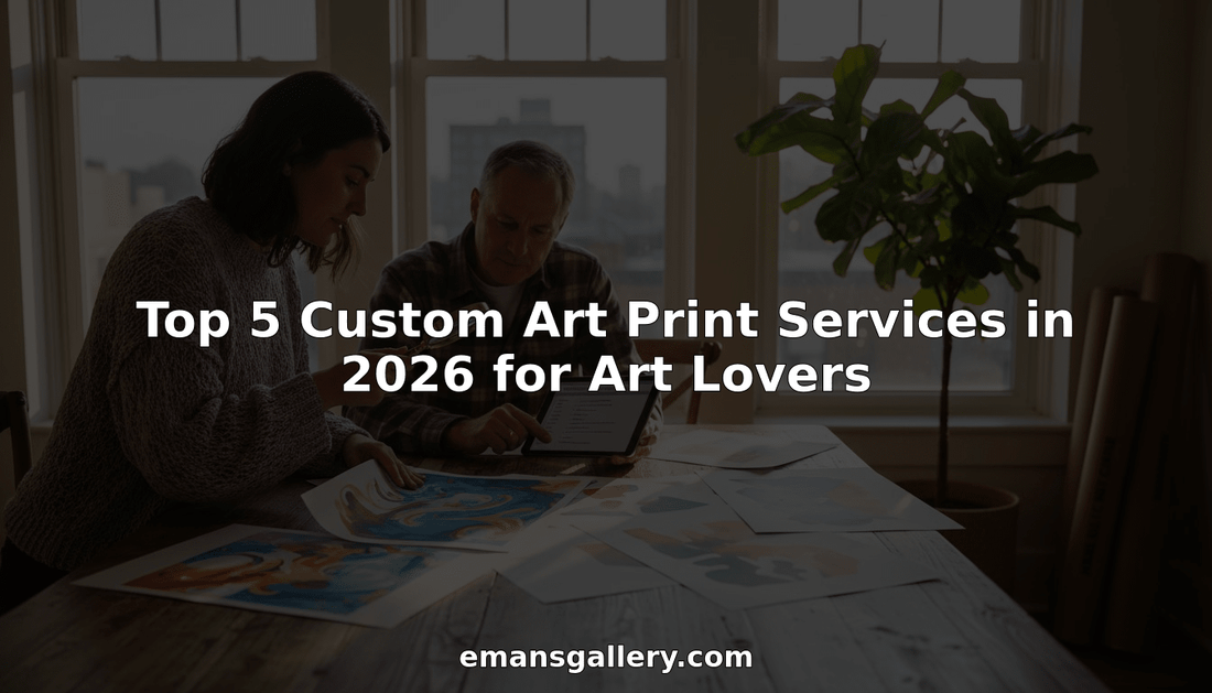 Art lovers examining custom art prints in sunlit room