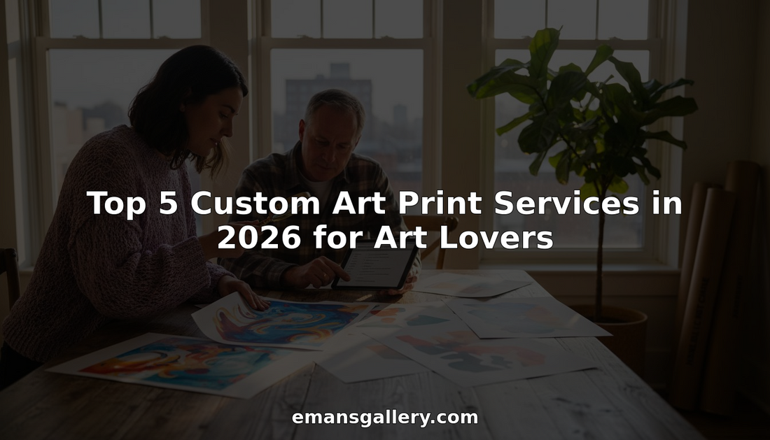 Art lovers examining custom art prints in sunlit room