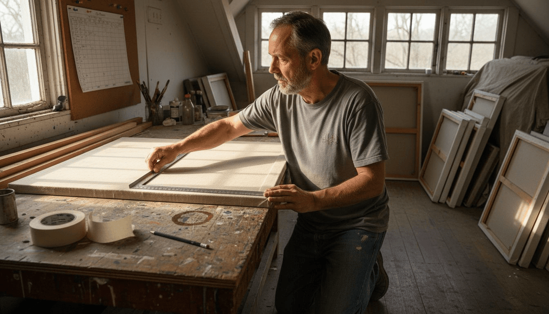Home studio measuring canvas for framing
