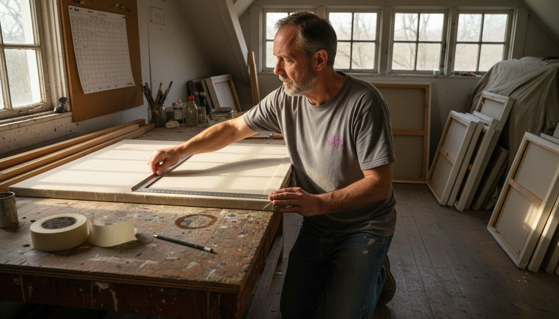 Home studio measuring canvas for framing