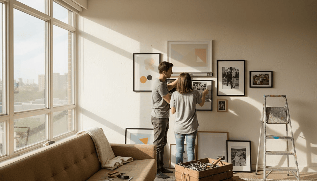 Couple arranging diverse gallery wall art