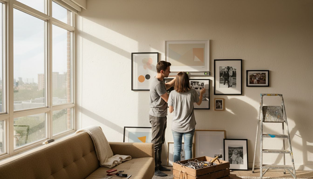 Couple arranging diverse gallery wall art