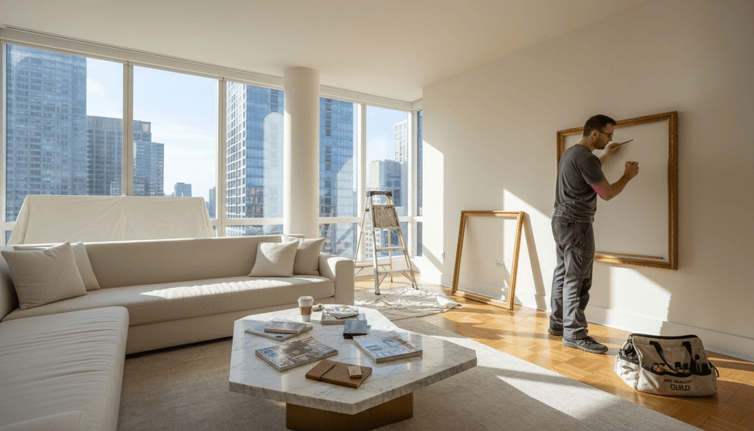 Installer measuring wall in luxury penthouse living room