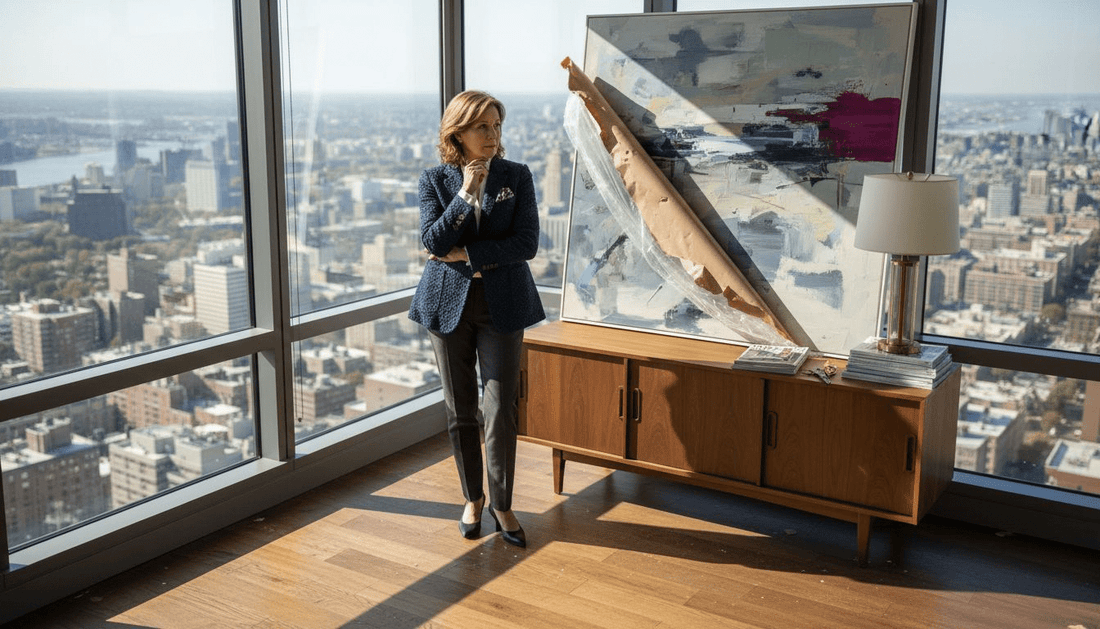 Designer assessing modern art in luxury penthouse
