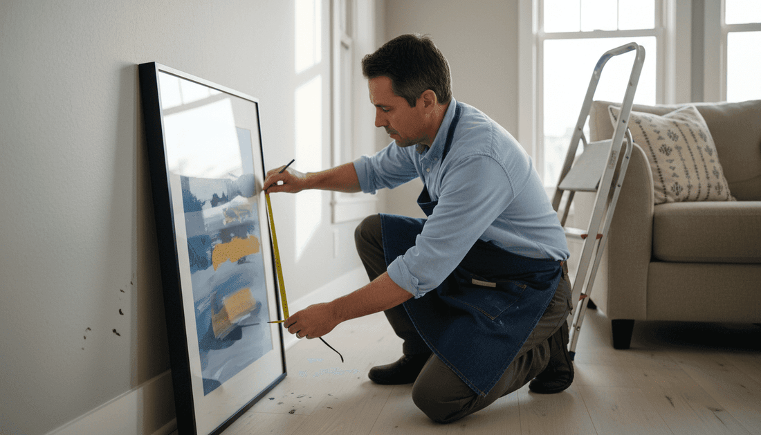Man measuring to hang framed wall art