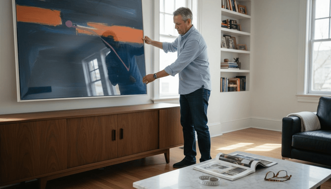 Collector hangs contemporary painting in sunlit home