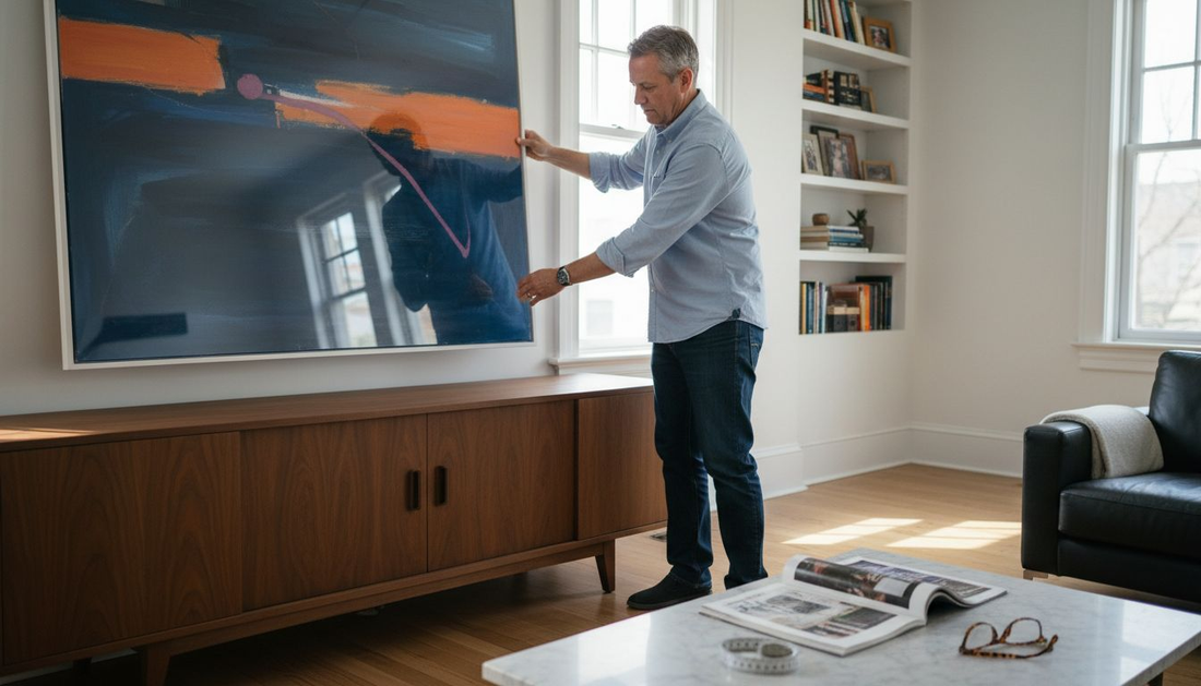 Collector hangs contemporary painting in sunlit home