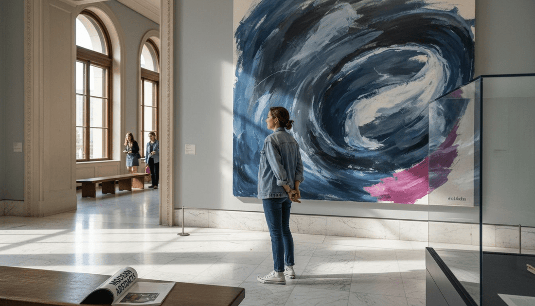 Museum visitor viewing original abstract art