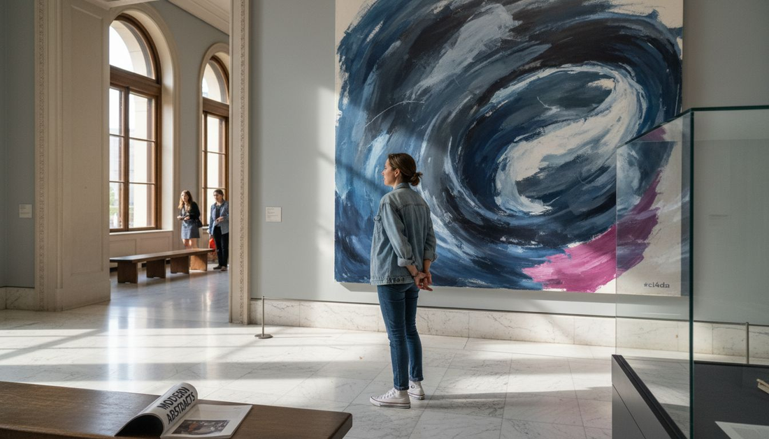 Museum visitor viewing original abstract art