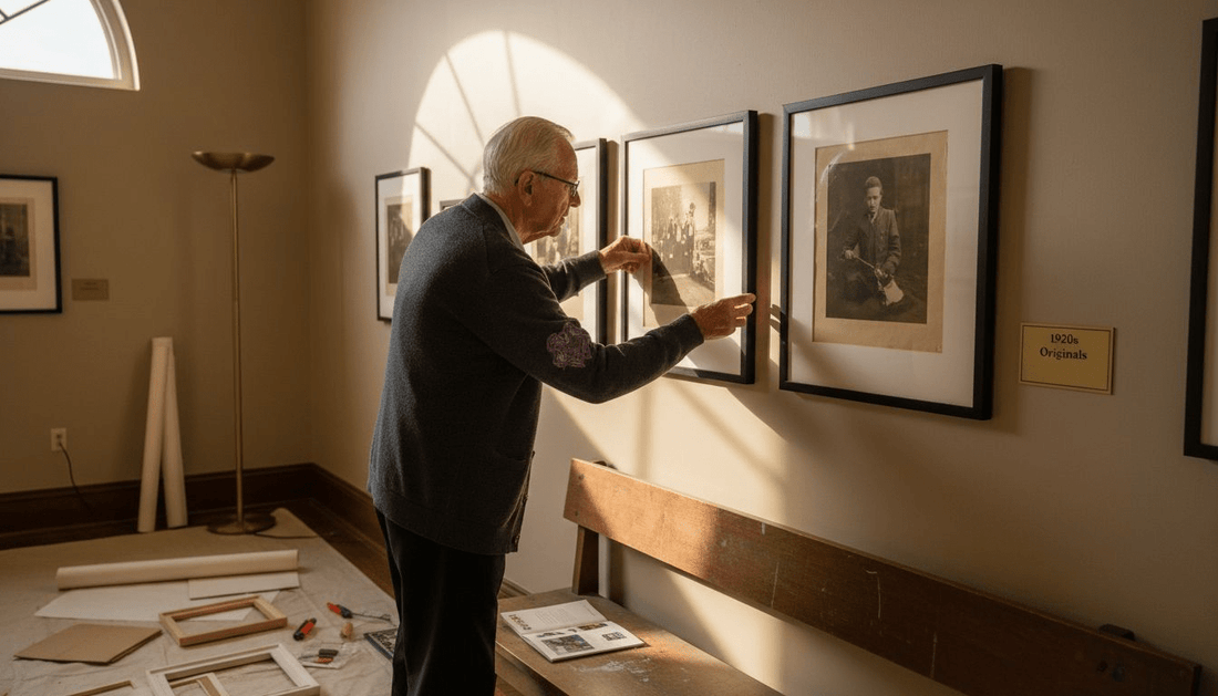 Curator displaying vintage art prints in gallery