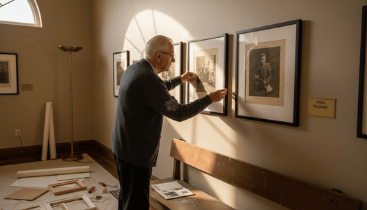 Curator displaying vintage art prints in gallery