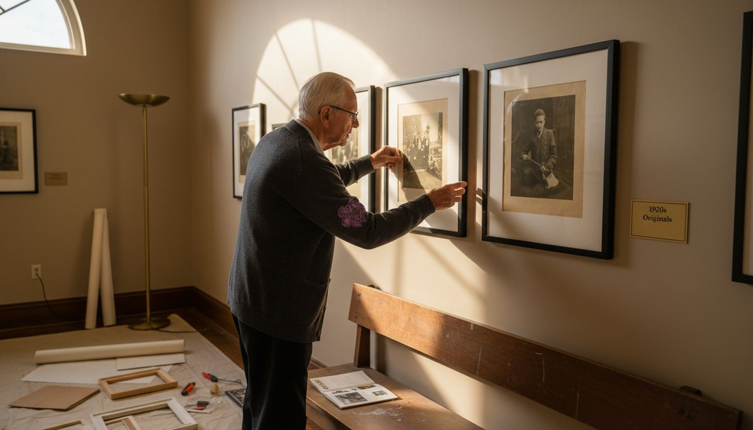 Curator displaying vintage art prints in gallery