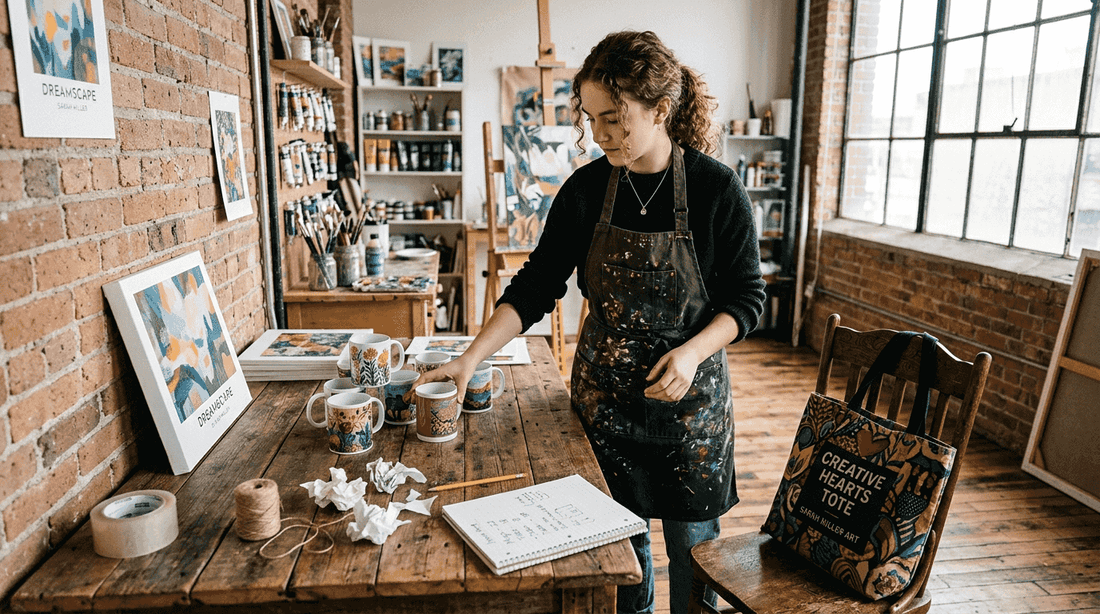 Artist arranging art merch gifts in loft studio