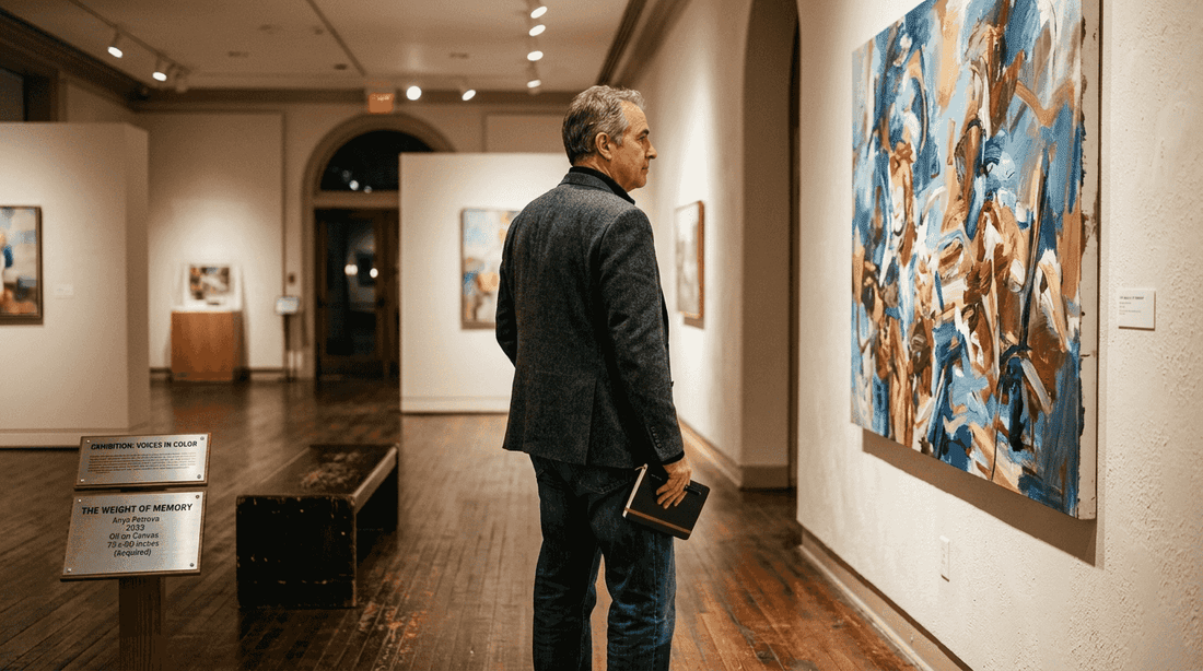 Art collector examines paintings in city gallery
