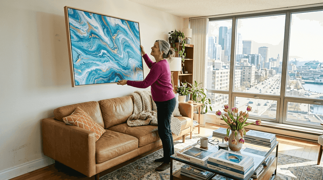 Person hanging ocean-themed art in living room