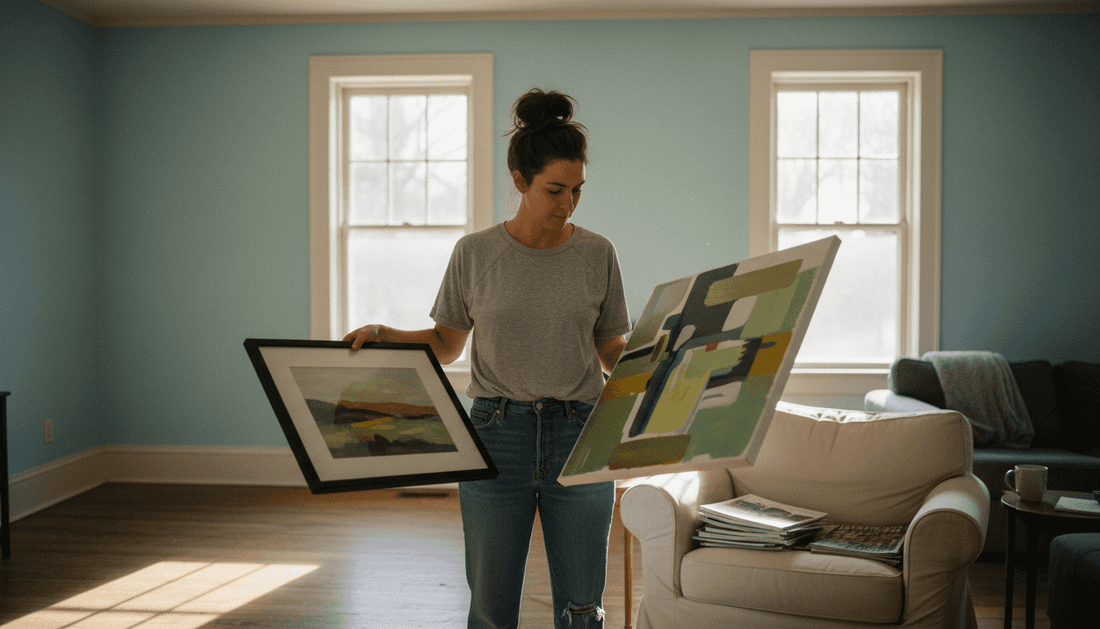 Woman comparing canvas and paper prints