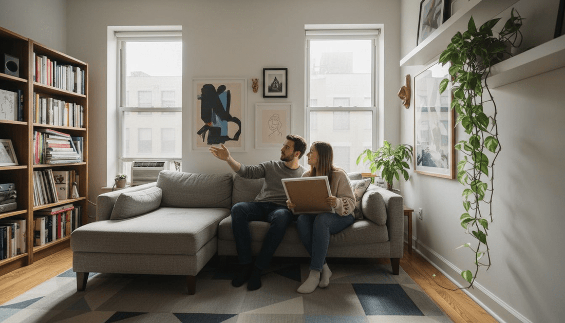 Couple choosing wall art in apartment living room