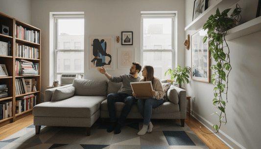 Couple choosing wall art in apartment living room