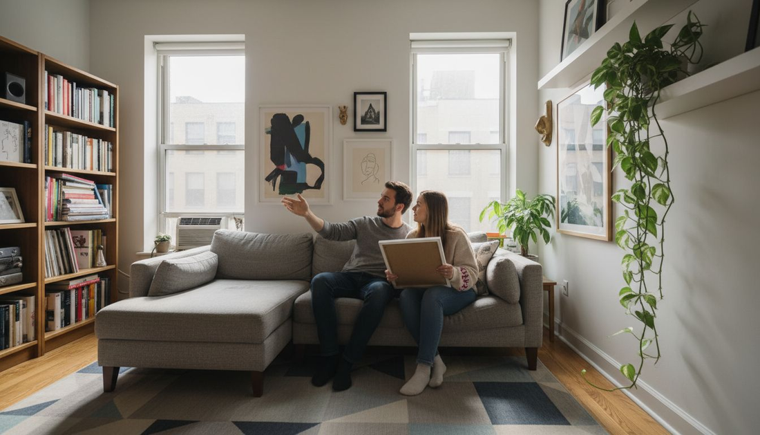Couple choosing wall art in apartment living room
