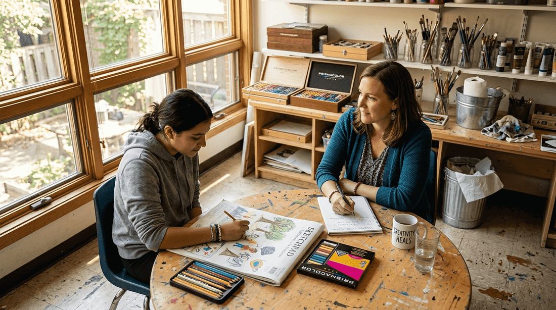 Art therapist and client in creative studio session
