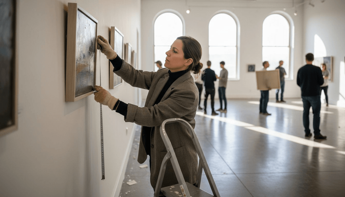 Curator arranging art on gallery wall